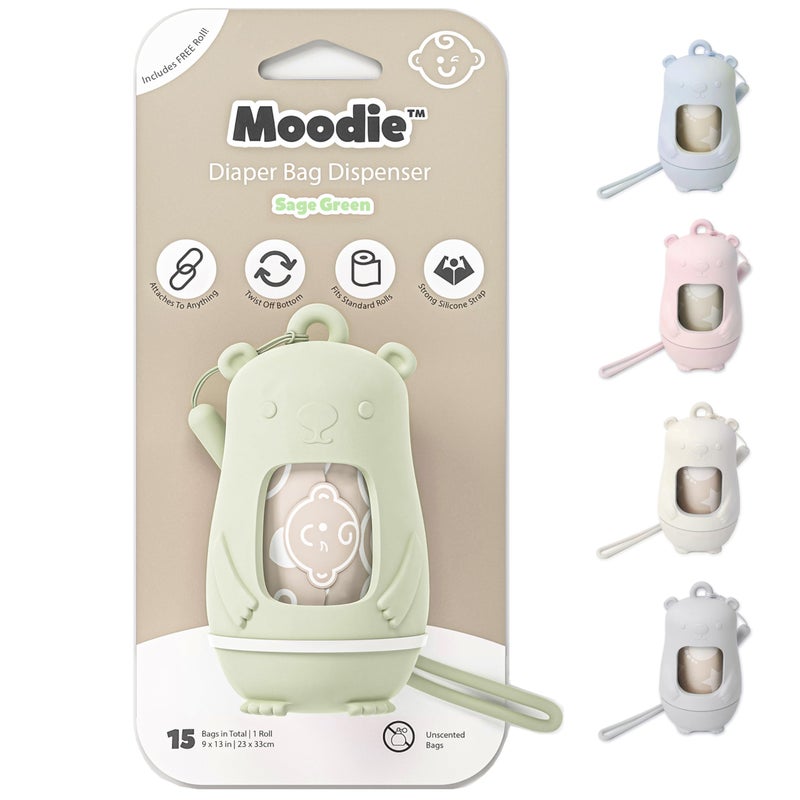 moodie Teddy Bear Diaper Bag Dispenser | Diaper Trash Bags on the Go Dispenser w/Silicon Strap | 15 UNSCENTED Baby Poop Bags per Roll | Dirty Diaper Bags Disposable | Diaper Waste Bags (SAGE GREEN) - Image 1